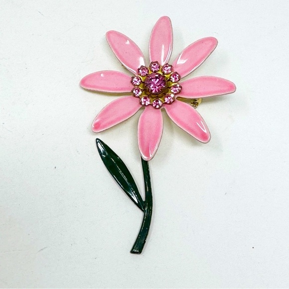 Vintage Enamel Pink Flower Brooch Rhinestones - Picture 1 of 10